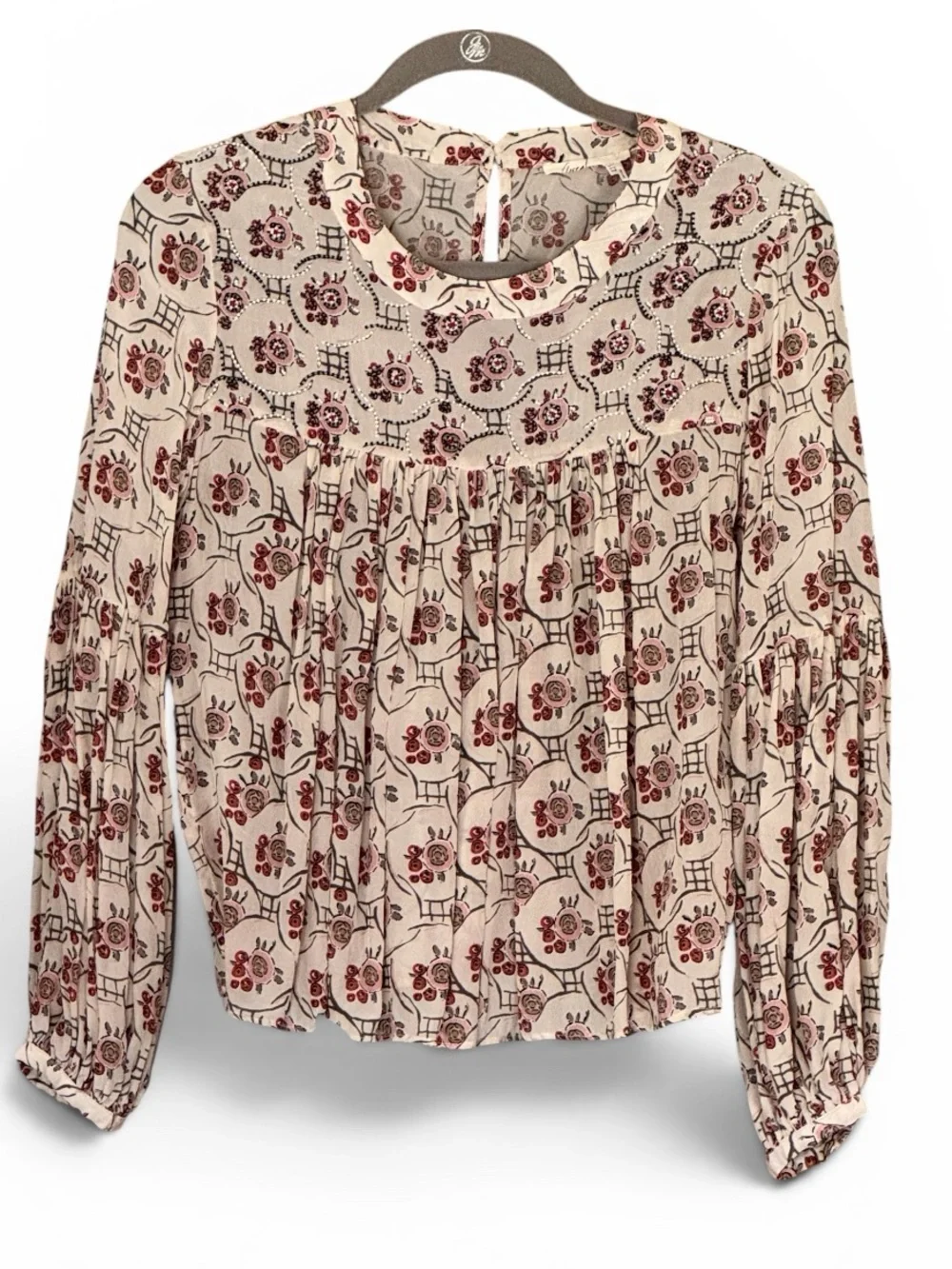 ANTHROPOLOGIE Floreat Sala Beaded Peasant Top 8 19.5” p2p Neutral Motif $118